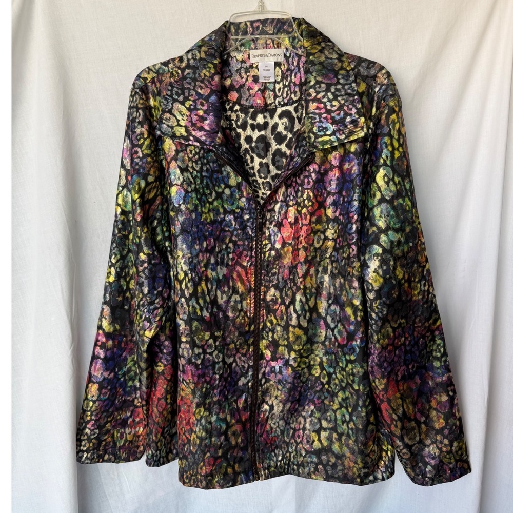 Drapers & Damons Rainbow Metallic Leopard Print Jacket Eclectic Glam Bold 2XL